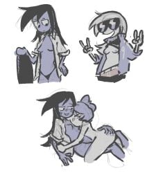 2girls algebralien battle_for_dream_island bfb black_hair blushing breasts cuddling duo female female_only grey_body grey_hair hugging humanized kint kint_bfdi kinto-bean lesbian nine_(bfb) nipples object_shows open_clothes seven_(bfb) showing_breasts six_(bfb) sketch small_breasts sunglasses thong tpot yuri