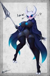 2019 absurd_res animal_humanoid arthropod arthropod_humanoid artist-apprentice587 big_breasts bikini black_body black_sclera black_skin blue_nipples blush breasts cape clitoris clothed clothing fan_character female hi_res hollow_knight humanoid insect_humanoid insects lampy_(artist-apprentice587) lampy_(azura_inalis) nipples nude original_character pussy skimpy solo swimwear vessel_(species) weapon