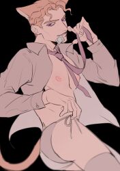 1boy big_butt cat_ears cat_tail catboy condom_in_mouth diamond_is_unbreakable jojo's_bizarre_adventure male_focus male_only nipples no_visible_genitalia partially_clothed pecs playful solo thighhighs thong tie twink twunk yoshikage_kira yu_kakari