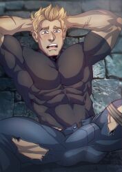 1boy blonde_hair blue_eyes bulge hands_behind_head jack_morrison male male_only overwatch overwatch_2 scars sitting soldier_76 tight_clothing