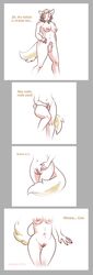 animal_humanoid anthro balls breasts comic dialogue female furry gender_transformation gynomorph hi_res humanoid hyaenid intersex mammal mtf_transformation navel nipples nude penis pussy simple_background solo strawberrytfs transformation white_background