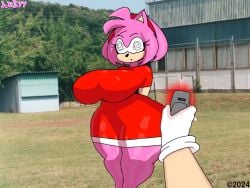 amy_rose ars99 clothed comic huge_ass huge_breasts hypnosis mind_control outdoors phone sonic_(series) sonic_the_hedgehog_(series) speech_bubble tech_control text thick_thighs