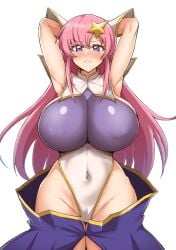 armpits blush gundam gundam_seed gundam_seed_destiny hair_ornament highleg_leotard huge_breasts large_breasts leotard looking_at_viewer meer_campbell multicolored_leotard pink_hair purple_skirt star_(symbol) yamaori