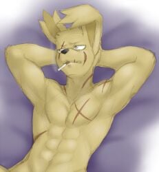 2015 abs anthro anthro_male anthro_only five_nights_at_freddy's fnaf laying_on_bed male_only muscular ripped_ear scars smoking solo solo_male springtrap springtrap_(fnaf) unknown_artist william_afton