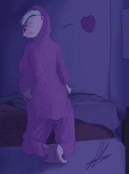 absurd_res ass big_breasts big_butt biped bodily_fluids breasts clothed clothing digital_media_(artwork) feces female hair heart hi_res intentional_soiling looking_at_viewer manindogsuit onesie scat simple_background smile soiling solo spread_legs spreading