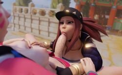 1futa 1girls 3d 3d_(artwork) akali alternate_breast_size big_penis blowjob breasts_out busan_(map) cap cleavage clothed clothed_female clothing crossover d.va exhibitionism fellatio futanari highres just_the_tip k/da_akali k/da_series league_of_legends light-skinned_female light_skin looking_at_partner medium_breasts open_mouth outdoors overwatch overwatch_2 penis_out pensubz public shorts_aside thick_penis