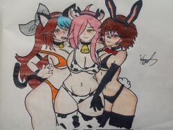 3girls bikini bra breasts brown_hair bunny_ears bunny_tail cow_bikini cow_girl female female_only keiramevt latam_virtual_youtuber multicolored_hair multiple_girls neneefthy oneeshi panties pink_hair raccoon_girl rakkun thighs virtual_youtuber vtuber vtuberfanart yellow_eyes