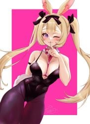 1girl animal_ears ass_visible_through_thighs bangs bare_shoulders between_breasts black_legwear black_leotard blonde_hair blue_eyes blush bow breasts bunny_ears bunny_girl bunny_tail bunnysuit cleavage closed_mouth covered_navel cowboy_shot detached_collar eyebrows_visible_through_hair female_only finger_to_mouth hair_ribbon index_finger_raised large_breasts leotard long_hair looking_at_viewer medium_breasts nail_polish necktie necktie_between_breasts one_eye_closed pantyhose pink_background pink_nails pink_neckwear purple_eyes red_neckwear ribbon shushing smile solo strapless_leotard tail thigh_gap tongue tongue_out twintails very_long_hair virtual_youtuber vyugen yenko