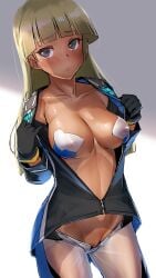 alice_gear_aegis araime_yasuri blonde_hair blunt_bangs blush bodysuit breasts commentary_request covered_nipples dark-skinned_female dark_skin embarrassed female gloves grey_eyes highres large_breasts long_hair looking_at_viewer nipple_shield nipple_shields open_bodysuit open_clothes pussy pussy_peek sasayuki solo