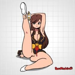 1girls animated big_breasts breasts chun-li chun-li_(battle_ouffit_sfv) cleavage exposed_pussy female female_only hairless_pussy large_breasts no_panties partially_clothed pussy scruffmuhgruff solo spread_legs street_fighter stretching