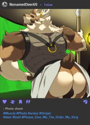 absurd_res anthro antlers armor ass barazoku big_bulge big_butt big_muscles bottomwear breastplate bulge clothing costume deer ear_piercing ear_ring english_text eyebrows frown fur goldlightyou hi_res horn horn_jewelry horn_ring huge_butt huge_muscles huge_thighs jewelry looking_at_viewer looking_back looking_back_at_viewer male mammal melee_weapon muscular muscular_anthro muscular_male new_world_deer photo piercing polearm presenting presenting_hindquarters reindeer ring_(jewelry) ring_piercing skirt solo spear text thick_thighs thong triceps tuft underwear weapon