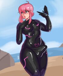 1boy beach black_bodysuit blue_eyes blush bodysuit erection erection_under_clothes femboy girly hi_res loggus_doggus male male_only muscular narrowed_eyes pink_hair seaside solo thick_thighs tight_clothing