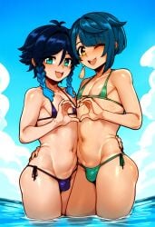 2boys 2femboys ai_generated amber_eyes artist_request ass beach big_ass big_butt big_thighs bikini blue_hair blush braid braided_hair bulge cute_bois dark_blue_hair embrace femboy femboy_only genshin_impact girly girly_boy green_eyes hand_on_hip huge_thighs large_thighsmale looking_at_viewer male male_only micro_bikini navel navy_blue_hair otoko_no_ko otokonoko swimsuit thick_thighs thighs tonikaku trap venti_(genshin_impact) voluptuous wide_hips wink winking_at_viewer xingqiu_(genshin_impact)