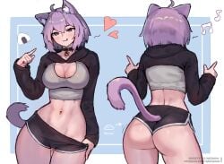 1female 1girls ass back_view big_ass big_breasts booty breasts cat_ears cat_tail cleavage clothing crop_top dolphin_shorts duo heart hololive hololive_japan looking_at_viewer midriff nekomata_okayu pulling_down_pants purple_hair rear_view short_hair simple_background solo virtual_youtuber vtuber wersman