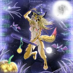 absurd_res anthro blonde_hair felid feline female hair halloween hi_res holidays line_art mammal moon pantherine pussy sady sharperit