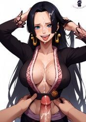 1boy 1girl adjusting_hair ahe_gao ai_generated big_breasts black_clothing black_hair blue_eyes boa_hancock cleavage collarbone crop_top cum cum_on_breasts cum_on_face earrings female female_focus hands_in_hair hands_on_head hourglass_figure huge_breasts jewelry large_breasts long_hair looking_at_viewer male midriff nipple_bulge notacthulhu one_piece penis pov smile solo_focus tagme