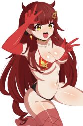 bikini black_bikini_bottom black_panties cute_fang duel_masters long_gloves maguma_mega mega_magma_dragon open_mouth red_bikini_top red_gloves red_thighhighs sitting sitting_on_ground smile thighhighs