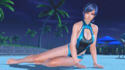 1girls alluring bare_legs beach bikini blue_hair cleavage dead_or_alive dead_or_alive_xtreme_venus_vacation highleg_bikini night on_beach one-piece_bikini pin_up reika_(doa) tecmo yagi_(artist)