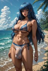 1futa abs ai_generated armpits beach big_breasts big_bulge blue_bra blue_eyes blue_hair bra breasts bulge bulge_through_clothing cock flaccid flaccid_penis futa_only futa_sans_pussy futanari harumi_(codelicious) huge_cock looking_at_viewer massive_breasts original_character transparent_clothing white_panties