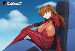 ai_generated alternate_breast_size asuka_langley_sohryu blue_eyes blue_sky bodysuit brown_hair closed_mouth cloud covered_nipples hair_ornament huge_breasts huge_nipples kunaboto_(style) neon_genesis_evangelion outdoors patreon_username sitting smile stable_diffusion thick_thighs venus_body