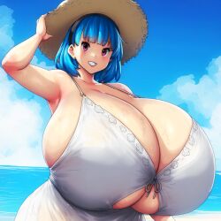 ai_generated ameanon big_breasts blue_hair breast_cutout breasts breasts_bigger_than_head cleavage gigantic_breasts huge_breasts large_breasts pink_eyes rina_atherina rina_atherina_(errorkazoo) sideboob straw_hat sundress underboob