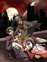 1boy 2girls assisted_sex barbara_gordon batgirl batman_(series) breast_cutout breasts breasts_out city cum_in_pussy dc domination female female_on_top female_penetrated femdom ffm_threesome forced_penetration gun harley_quinn harley_quinn_(classic) holding_gun holding_object holding_weapon japes joker leotard leotard_aside male malesub moon multiple_girls outdoor_sex outdoors penis_grab penis_out rape red_sky reverse_rape rooftop sex straight submissive swingers threesome trio vaginal_penetration weapon