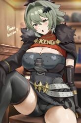 absurdres black_gloves black_thighhighs blush breasts brown_eyes caesar_king cleavage female fur_trim gloves green_hair hair_between_eyes highres indoors large_breasts long_hair nisakusa open_mouth sidelocks sitting smile solo sweatdrop thighhighs thighs zenless_zone_zero