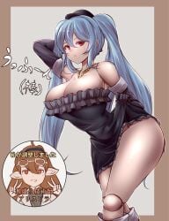 1girls alternate_breast_size artist_request bare_legs big_breasts black_gloves breasts cleavage doll_joints dress dress_lift elbow_gloves expressionless female female_only gloves granblue_fantasy hat japanese_text large_breasts light-skinned_female light_skin looking_at_viewer neutral_expression orchis red_eyes shadowverse silver_hair solo thick_thighs