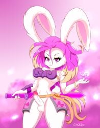 anthro breasts canofstars female fur genitals gunfire_reborn hair hi_res intersex knife lagomorph leporid mammal melee_weapon penis pink_eyes pink_hair rabbit solo sword tao_(gunfire_reborn) weapon white_body white_fur