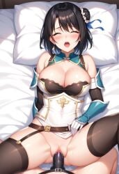 ai_generated blush brown_hair closed_eyes clothing dynasty_warriors female_focus female_only gloves missionary_position on_back on_bed open_mouth pillow pleasure_face spread_legs strap-on xing_cai yuri