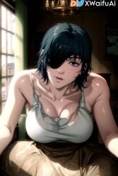 ai_generated armpits bare_shoulders bed bedroom big_breasts black_hair blue_eyes breasts chainsaw_man female_focus female_only himeno_(chainsaw_man) large_breasts light-skinned_female pale-skinned_female tank_top toned_female xwaifuai