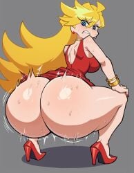 ai_generated angry ass ass_shake blonde_hair blue_eyes booty bracelet breasts choker dress dress_lift earrings goonedoutp3rv heels high_heels huge_ass long_hair looking_back motion_lines panty_&_stocking_with_garterbelt panty_anarchy red_dress red_heels shiny_skin simple_background squatting sweat twerking