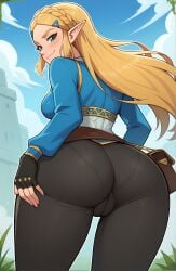 ai_generated ass ass_focus blonde_hair blush breasts cameltoe color come_hither female female_only fingerless_gloves from_behind from_below gloves green_eyes hairclip half_updo huge_ass leaning leaning_forward long_hair looking_at_viewer looking_down medium_breasts pants pantylines pointy_ears princess_zelda shirt sideboob smile solo the_legend_of_zelda the_legend_of_zelda:_breath_of_the_wild tight_clothing tight_pants very_long_hair wilddio