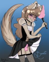 2018 anthro badger bandi_(character) battybunni bell blush bodily_fluids brown_body brown_fur bulge choker closed_eyes clothed clothing crossdressing cute_fangs erection eyelashes fangs featherduster freckles fur genital_fluids girly hair hybrid inner_ear_fluff jewelry legwear long_hair maid_uniform makeup male mammal mustelid musteline necklace panties penis_outline precum smile stockings stripes tuft underwear uniform upskirt whiskers