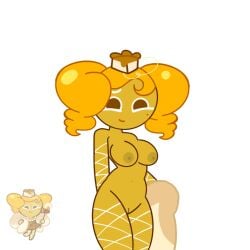 cookie_run cookie_run_ovenbreak cheesecake_cookie codestraws 1girls functionally_nude_female yellow_body breasts hat fishnets beauty_mark white_background reference_image pussy belly_button yellow_hair simple_background