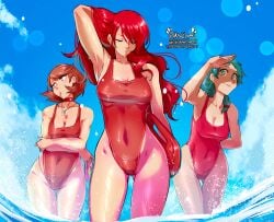 3girls absurdres adjusting_hair aqua_eyes aqua_hair arm_behind_back baywatch breasts choker closed_eyes cloud cloudy_sky collarbone commentary covered_navel day english_commentary hair_lift hand_in_own_hair haysey haysey_draws highleg highleg_one-piece_swimsuit highres holding lifeguard long_hair looking_at_viewer looking_to_the_side mitsuru_kirijo multiple_girls one-piece_swimsuit outdoors persona persona_3 red_choker red_hair red_one-piece_swimsuit shaded_face short_hair sky standing swept_bangs swimsuit thigh_gap thighs water whistle whistle_around_neck yamagishi_fuuka yukari_takeba