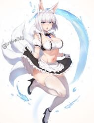 1girls ai_generated azur_lane blue_eyes female female_only fox_ears fox_tail full_body gloves high_heels kaga_(azur_lane) light-skinned_female light_skin lowball01 maid maid_apron midriff navel sakura_empire_(azur_lane) solo thighhighs toned white_hair