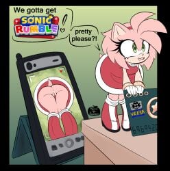 amy_rose anthro ass boots bracelet card cellphone clothed clothing dialogue dress electronics eulipotyphlan female footwear genitals gloves green_eyes handwear hedgehog hi_res jewelry logo mammal micro no_underwear nyan_o_lantern(artist) phone pink_body pussy sega shoes smartphone solo sonic_(series) sonic_rumble sonic_the_hedgehog_(series) speech_bubble tail upskirt