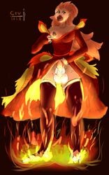2018 animal_humanoid anthro avian balls beak big_penis bird breasts brown_eyes cev clothed clothing digital_media_(artwork) domination erection feathers female female_domination fire fur futanari hair hi_res huge_cock humanoid intersex orange_body orange_fur penis