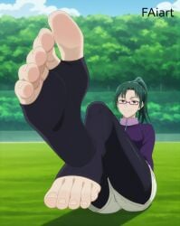 ai_generated faiart foot_fetish foot_focus glasses green_hair jujutsu_kaisen looking_at_viewer sitting zenin_maki