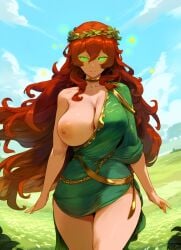 ai_generated breasts breasts_out demeter goddess greek_clothing greek_goddess greek_mythology green_eyes laurel_crown red_hair tagme toga