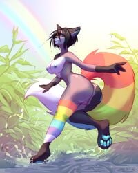 2024 absurd_res ackee anthro areola ass blue_areola blue_eyes blue_nipples blue_pawpads border_collie breasts canid canine canis collie digital_media_(artwork) domestic_dog female female_only genitals hair herding_dog hi_res mammal markings medium_breasts multicolored_markings multicolored_tail nipples on_one_leg outside pastoral_dog pawpads plant pussy rainbow rainbow_markings rainbow_tail raining sheepdog shrub solo splash standing stormbreak tail wet_hair