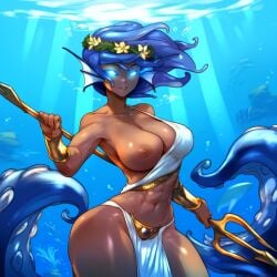 abs ai_generated blue_hair breasts breasts_out genderswap genderswap_(mtf) goddess greek_clothing greek_goddess greek_mythology poseidon rule_63 tagme tentacle_hair toga trident underwater