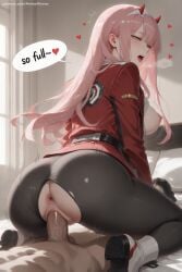 1boy 1girl ai_generated anus ass black_legwear breasts breasts_outside clothed_sex cowgirl_position darling_in_the_franxx eyeshadow girl_on_top hairband hetero hi_res high_quality high_resolution hiro_(darling_in_the_franxx) horns long_hair looking_back makeup military military_uniform nipples oni_horns pantyhose patreon penis pink_hair pussy seductive sex sexy solo_focus straddling sweat torn_clothes uncensored uniform vaginal watermark white_hairband zero_two_(darling_in_the_franxx)
