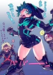 3boys arched_back bakugou_katsuki bare_thighs blush boku_no_hero_academia booty_shorts femboy girly hero_outfit_(mha) izuku_midoriya japanese_text katsuki_bakugou looking_at_ass male male_focus male_only midoriya_izuku my_hero_academia shouto_todoroki solo_male todoroki_shouto twink yaoi