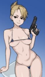 1girls areolae bikini blonde_hair bluesalm0n brown_eyes ear_piercing female female_only fullmetal_alchemist light_skin light_skinned_female pinup_pose pistol riza_hawkeye solo solo_female solo_focus weapon