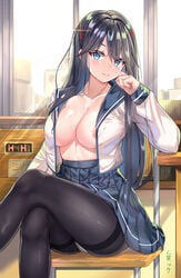 1girls bangs black_hair black_legwear blue_eyes blush bow breasts chair classroom cleavage crossed_legs desk elbow_rest eyebrows_visible_through_hair female female_only hair_ornament hairclip large_breasts long_hair looking_at_viewer mukatsukulsp navel open_clothes ore_wo_suki_nano_wa_omae_dake_ka_yo pansy_(oresuki) panties_under_pantyhose pantsu pantyhose parted_lips plain_background pleated_skirt sanshokuin_sumireko school_uniform simple_background sitting skirt smile solo thighband_pantyhose underwear very_long_hair white_background