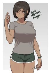 big_breasts breasts dark-skinned_female dark_skin dolphin_shorts k3nnyn3v limbus_company outis_(limbus_company) project_moon scars short_hair shorts solo_female t-shirt text thick_thighs thighs