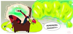 big_belly burp burping chair demencia demencia_(villainous) female female_only holding holding_belly inflated_belly pierced_ears piercing red_hair sharkbubble simple_background solo solo_female tagme text text_bubble villainous watermark