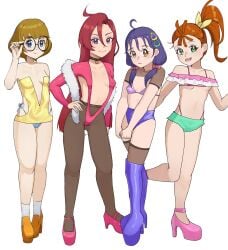 4girls blue_eyes bra choker female_only glasses green_eyes high_heels ichinose_minori light-skinned_female long_hair natsuumi_manatsu orange_hair pantyhose precure pretty_cure purple_eyes purple_hair red_hair revealing_clothes short_hair stockings suzumura_sango takizawa_asuka thighhighs tropical-rouge!_precure yellow_eyes yellow_glasses_(lewd_glasses) yellow_hair